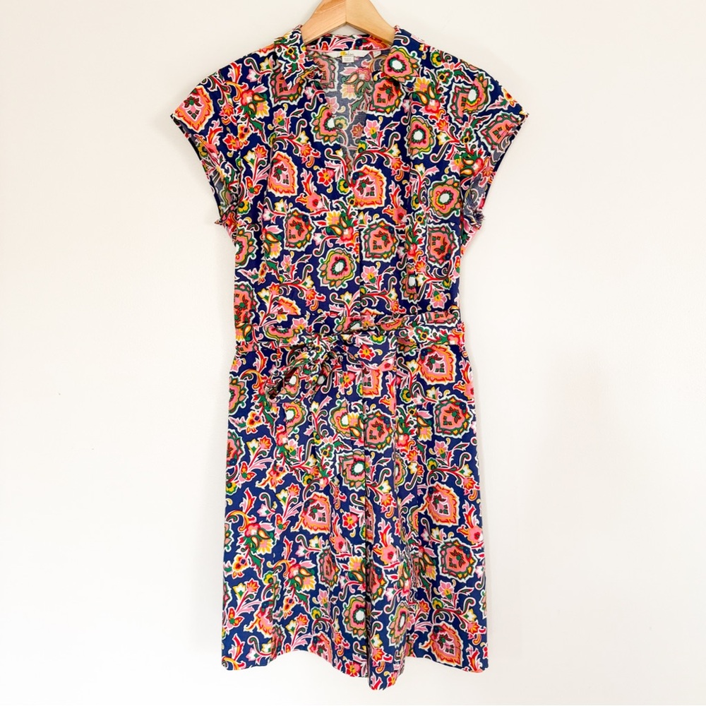 Boden Colorful Paisley Short Sleeve Shirt Dress US 8P Navy Pink Button Down